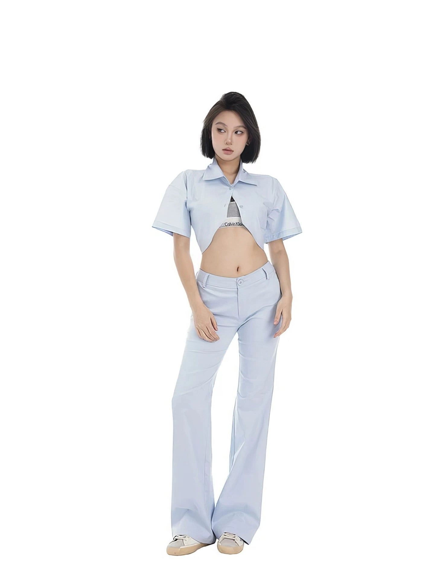 Cropped Button-Up Shirt and Flared Pants Set