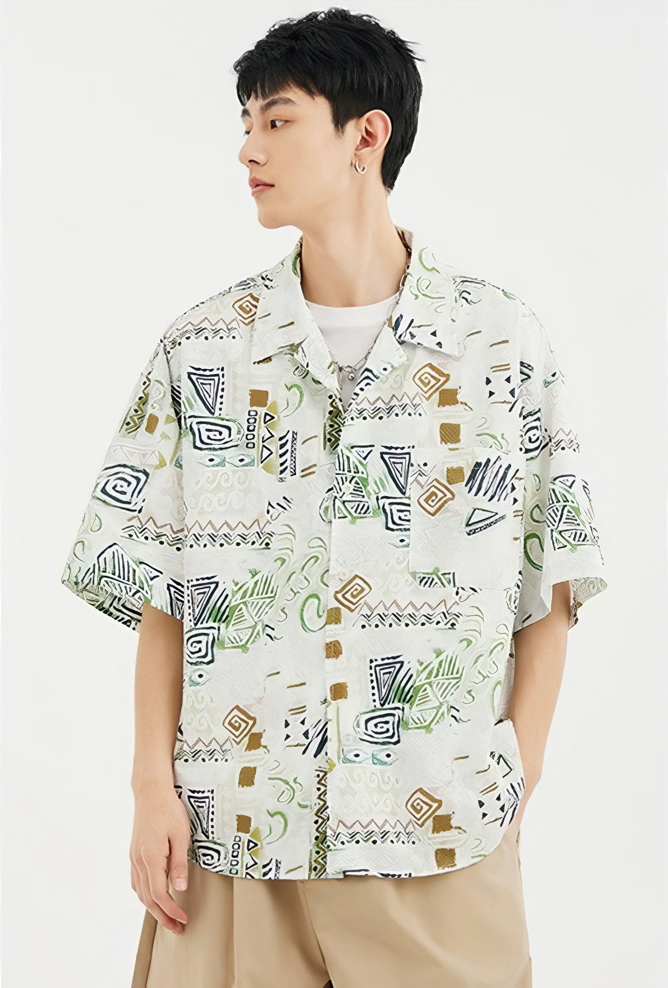 Ethnic Print Short Sleeve Button-Up Shirt