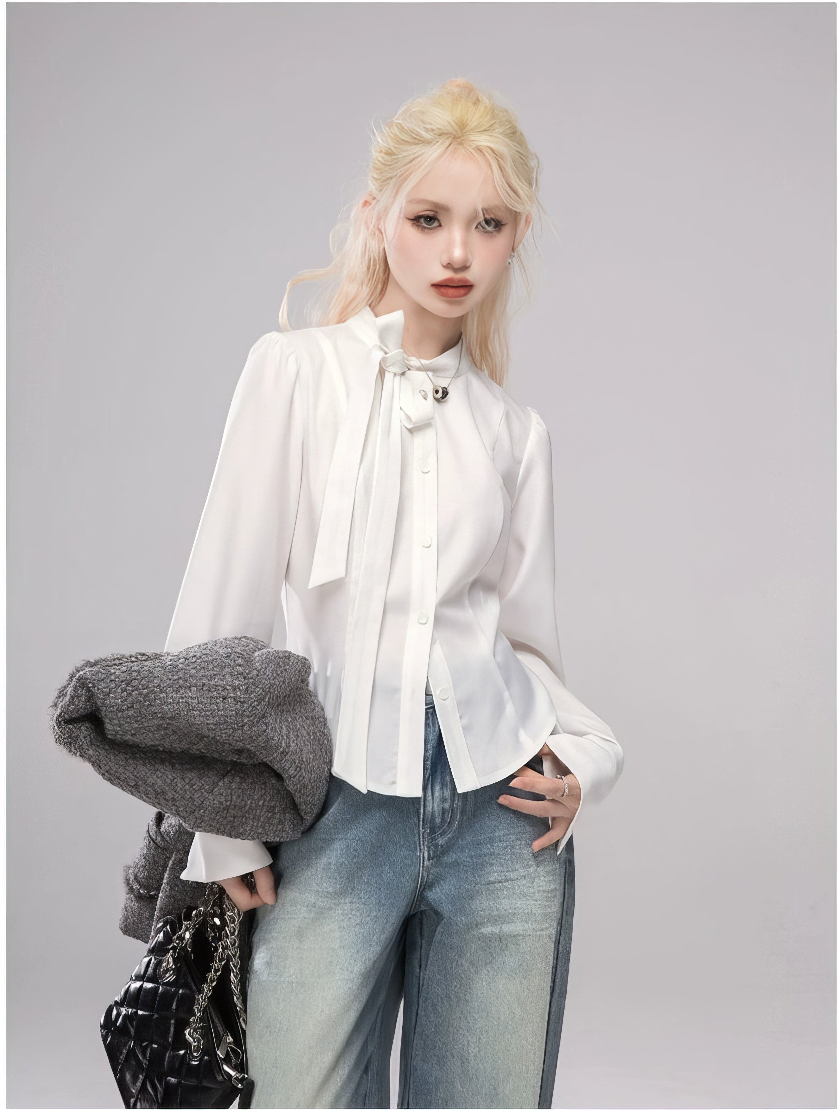 Slim Mid-Crop Shirt Blouse with Tie-Neck