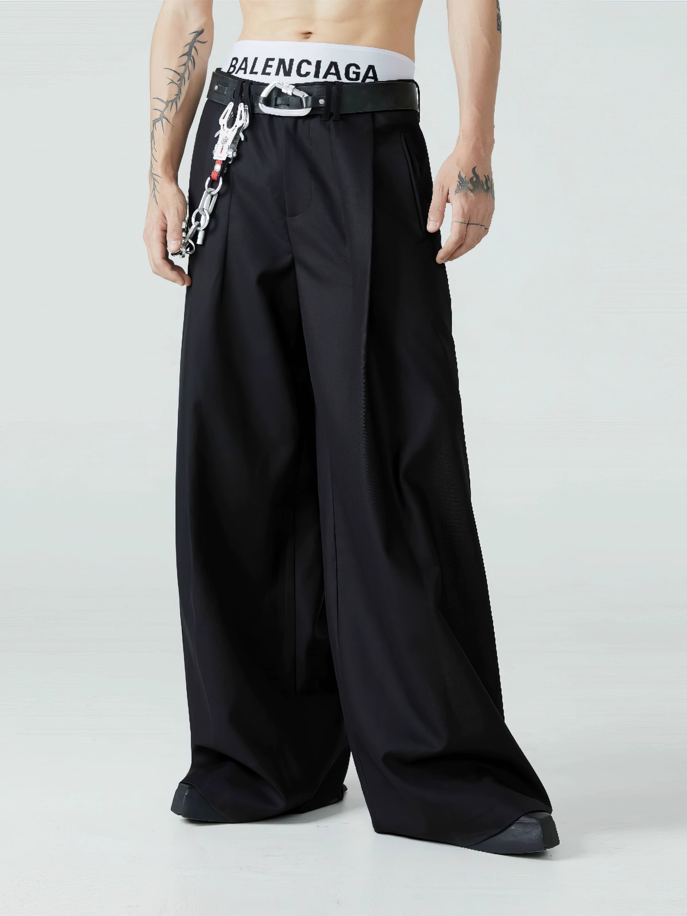 Wide Leg Tailored Trousers with Fold-Over Pleat