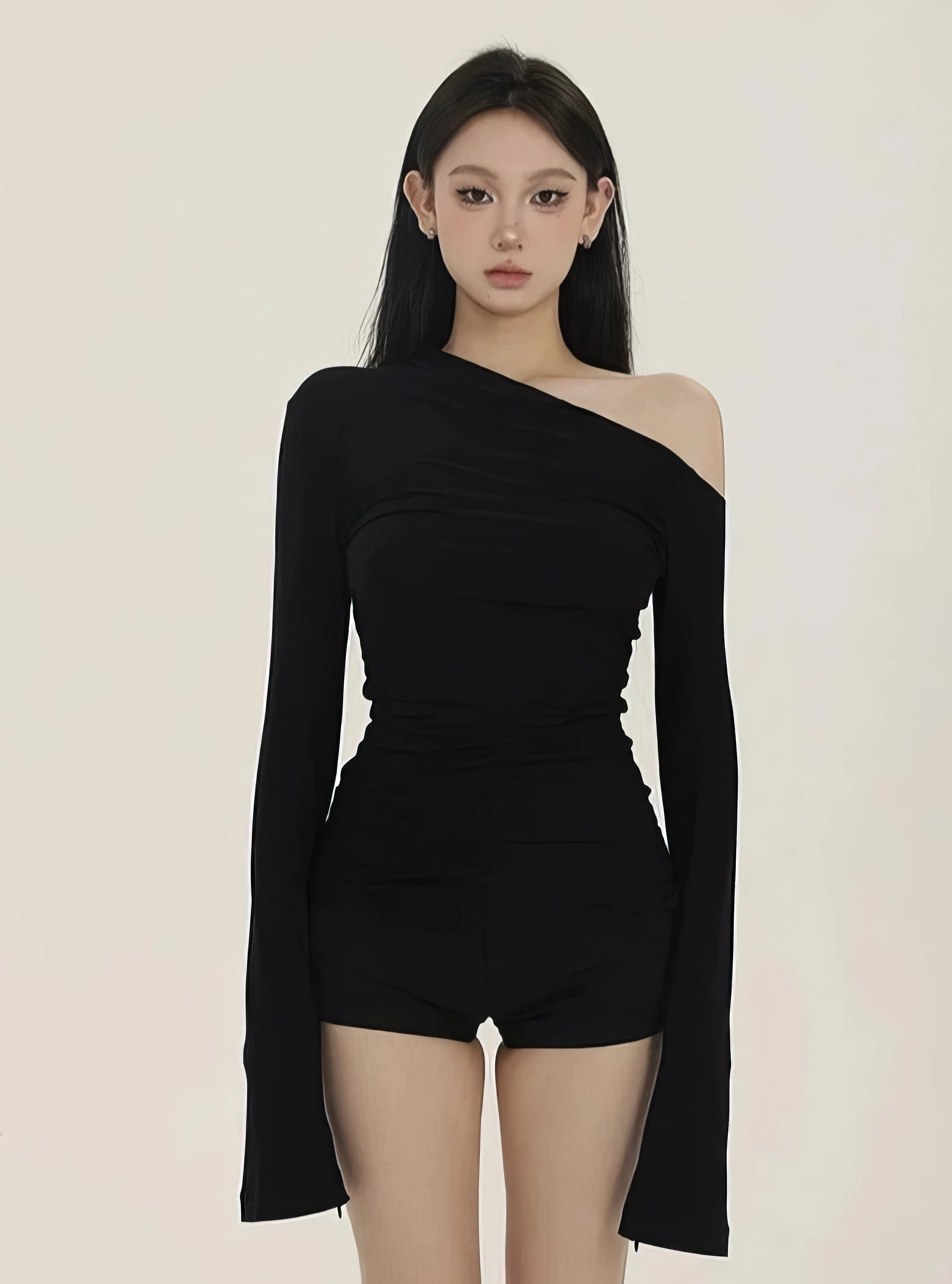 Slim One-Shoulder Ruched Long Sleeve Top