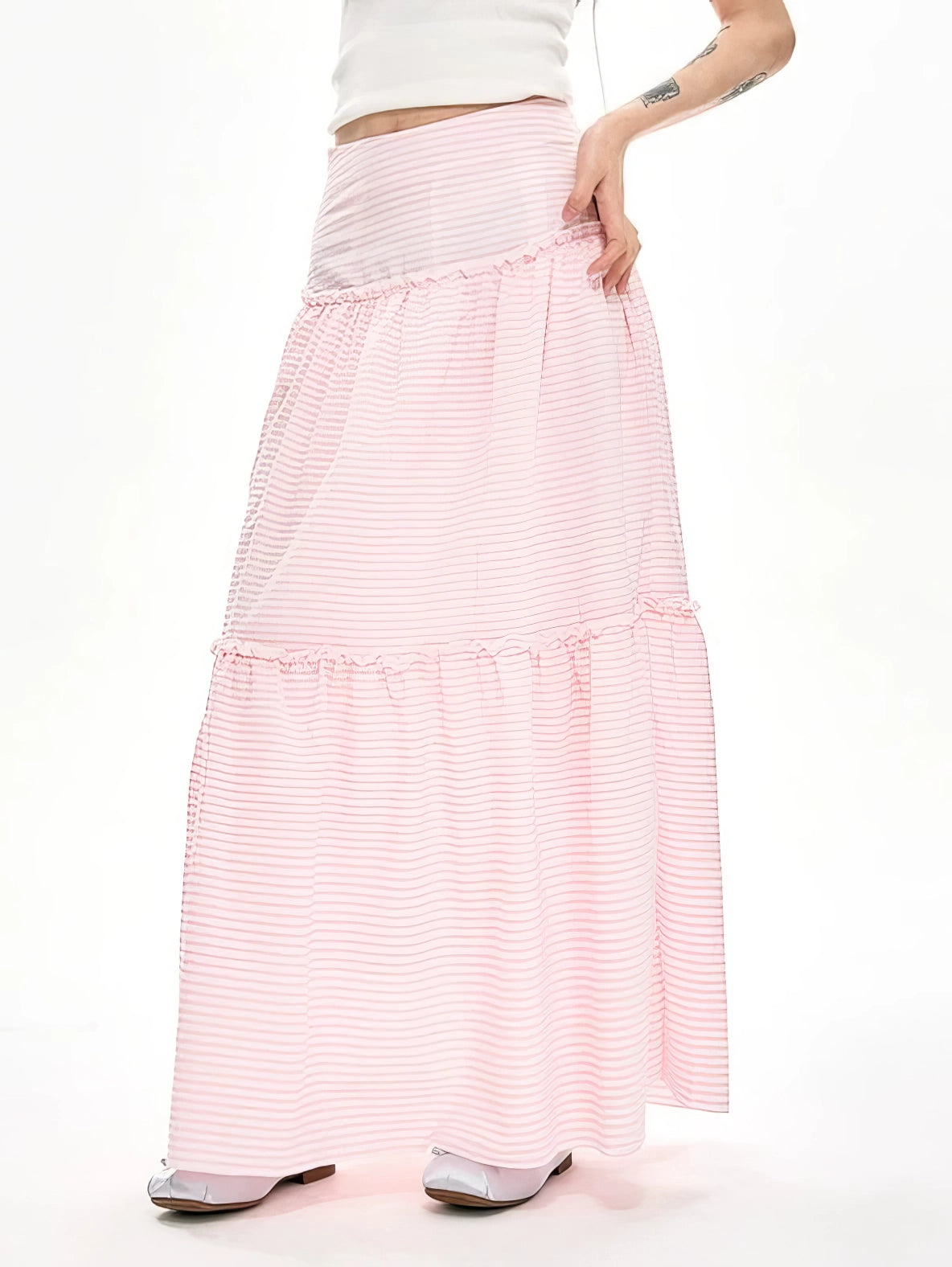 Striped Ruffle Hem Maxi Skirt