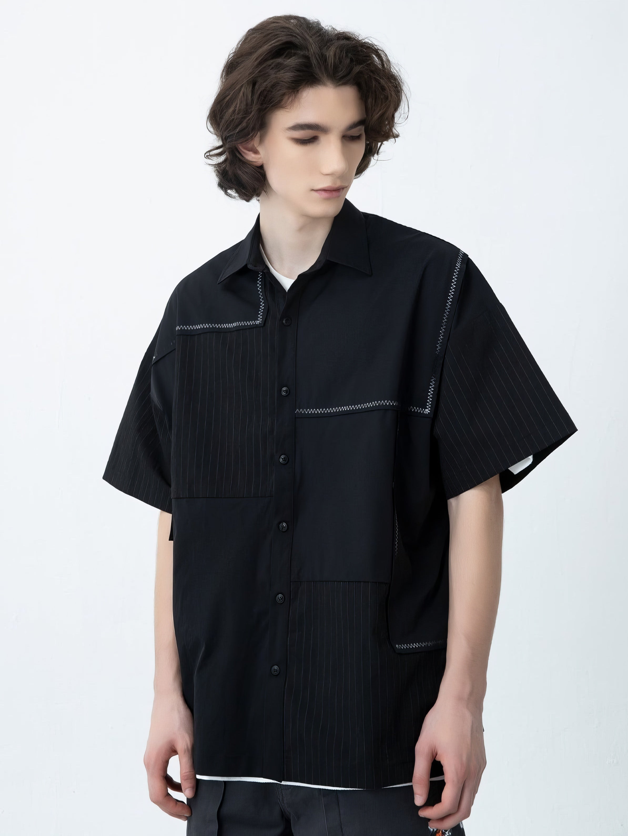 Contrast Stitching Striped Oversized Shirt