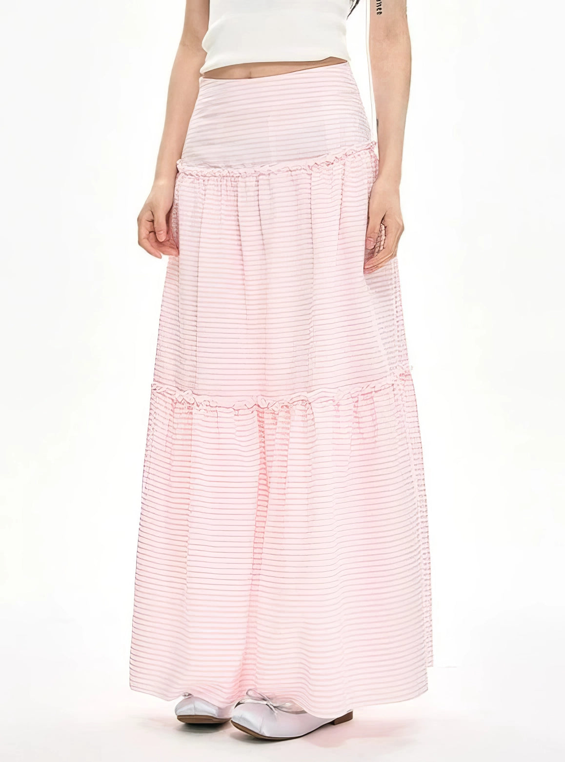 Striped Ruffle Hem Maxi Skirt