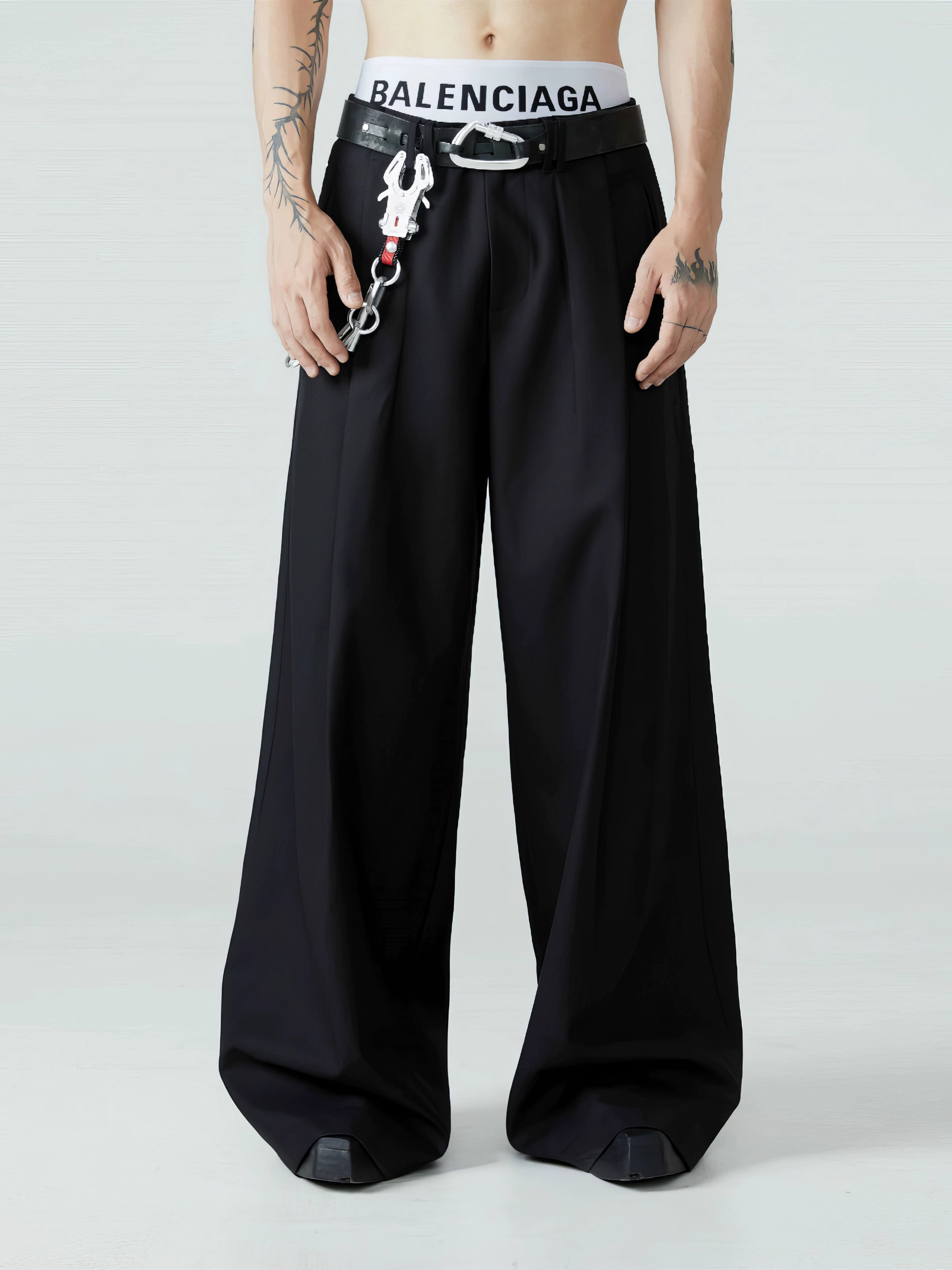 Wide Leg Tailored Trousers with Fold-Over Pleat