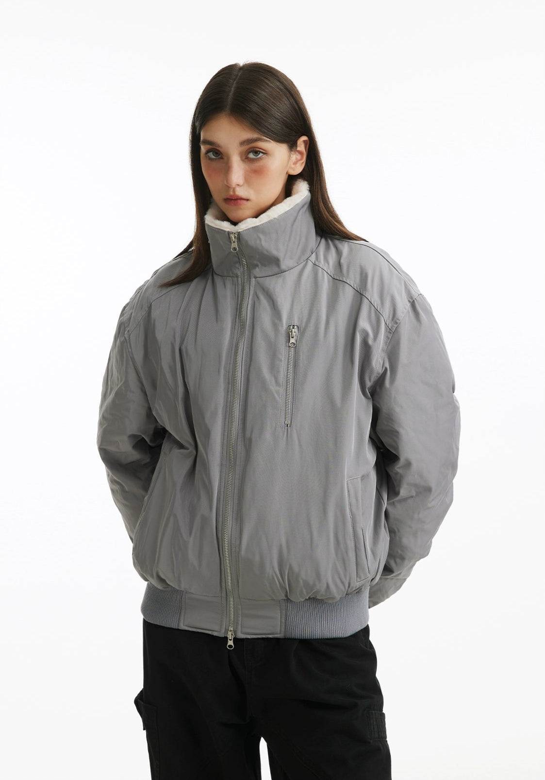 Fleece Lined Oversized Puffer Jacket with Zip Pocket Detail