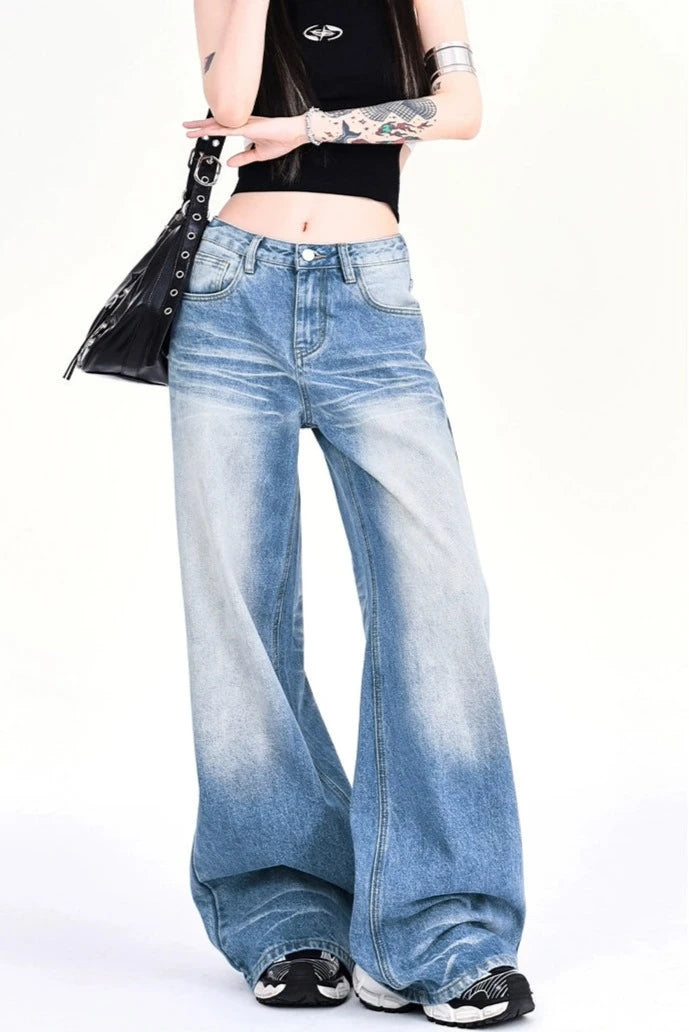 Vintage Faded Washed Wide-Leg Denim Jeans