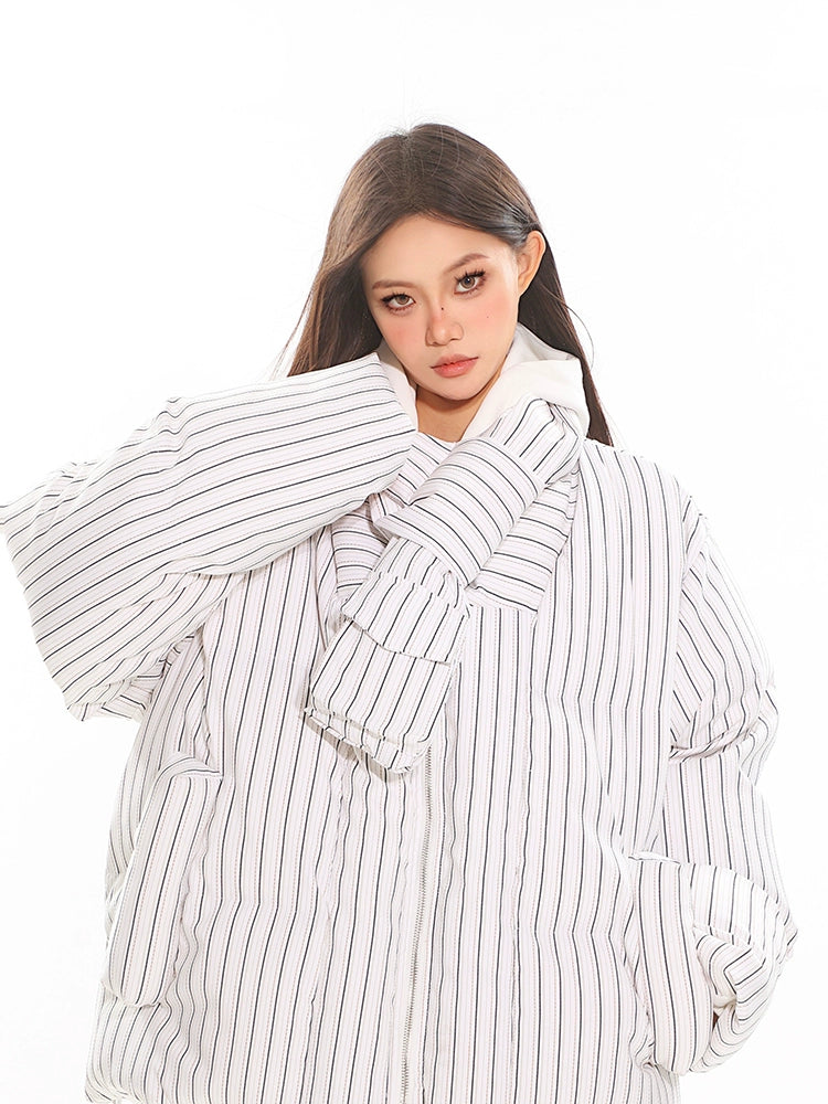 Oversized Pinstripe Puffer Jacket with Scarf