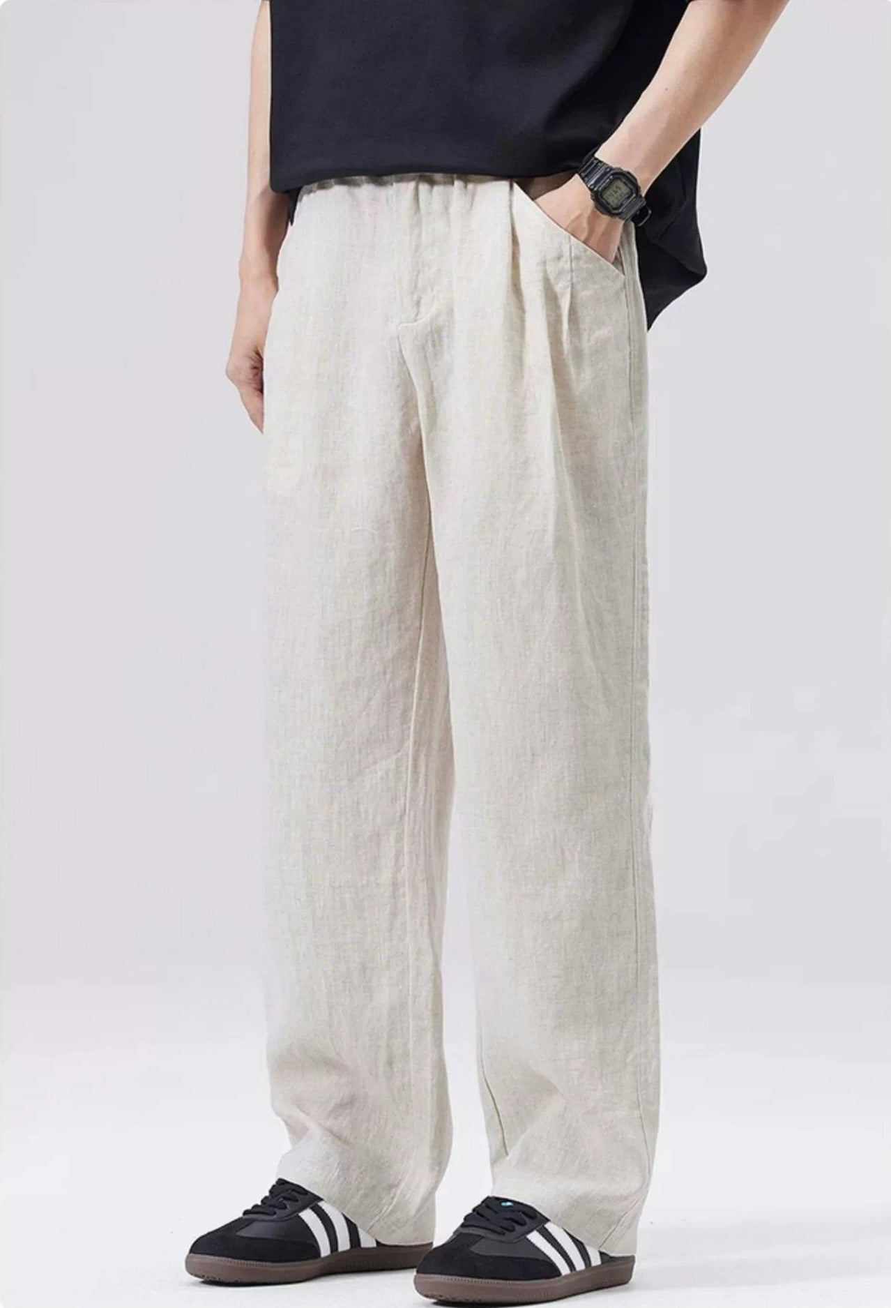 Straight Fit Elastic Waist Linen Trousers