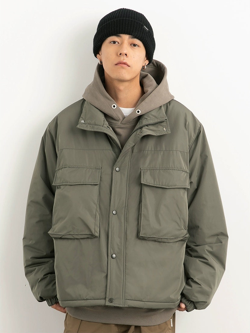 Oversized Snap Button Puffer Jacket with Spacious Pockets