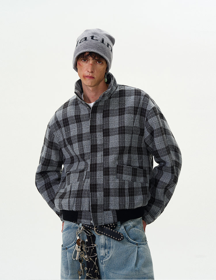 Plaid Bomber Jacket with Stand Collar