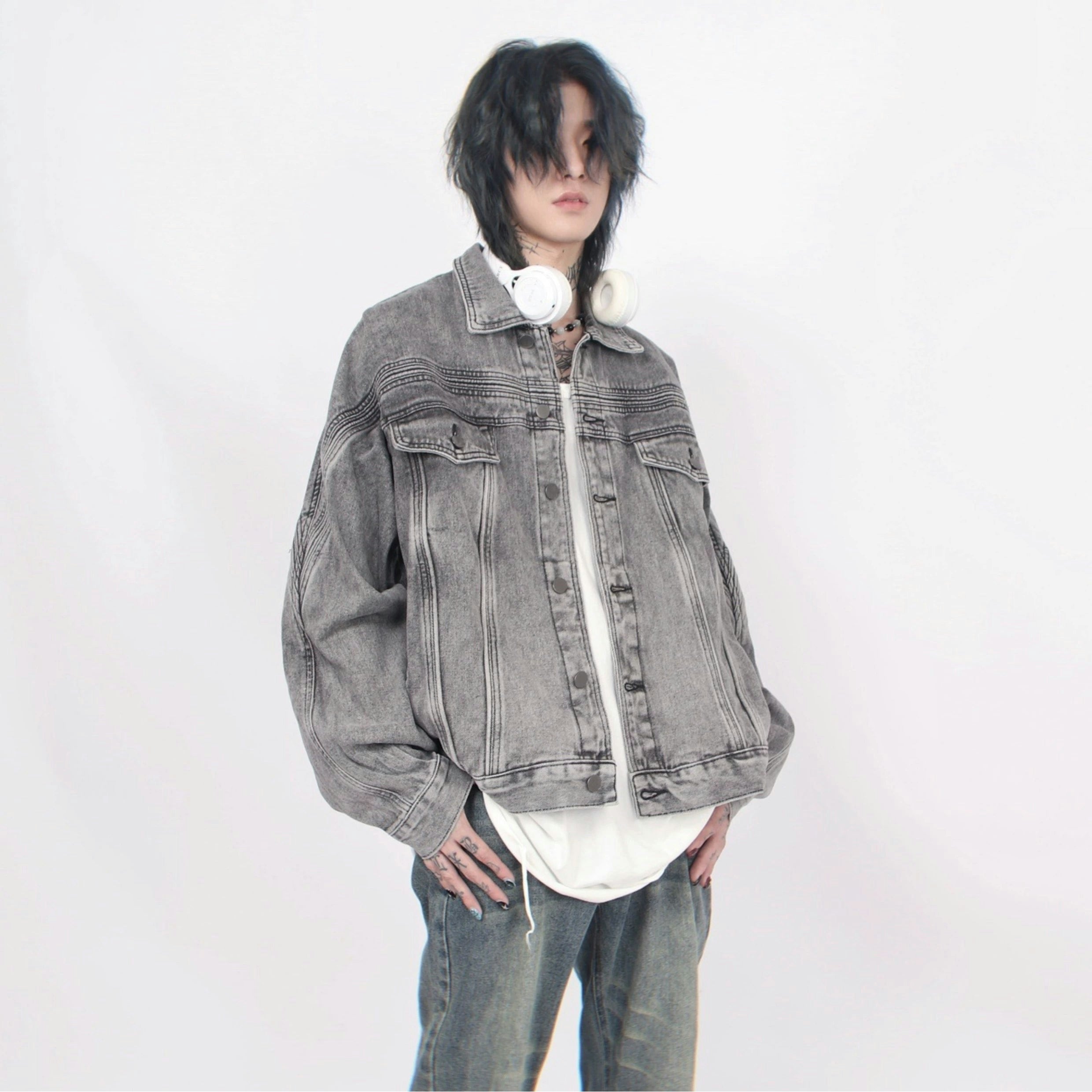 Oversized Charcoal-Wash Faded Denim Jacket