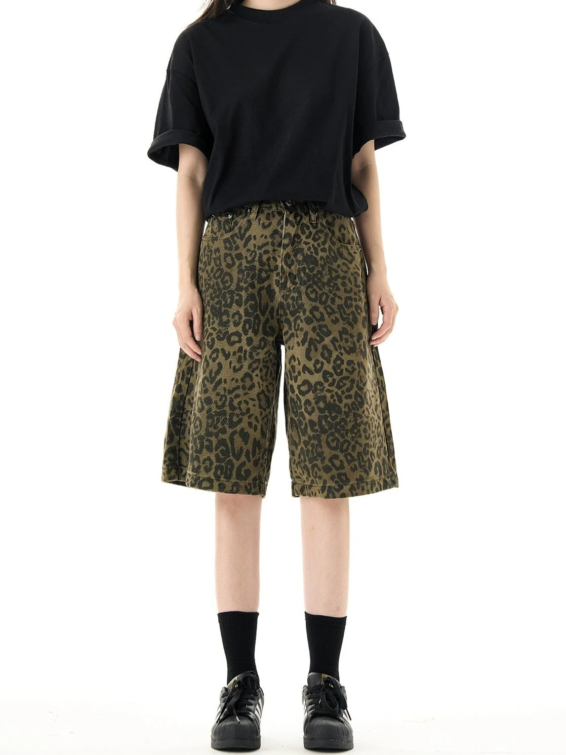 Leopard Print Bermuda Shorts with Straight Leg Cut