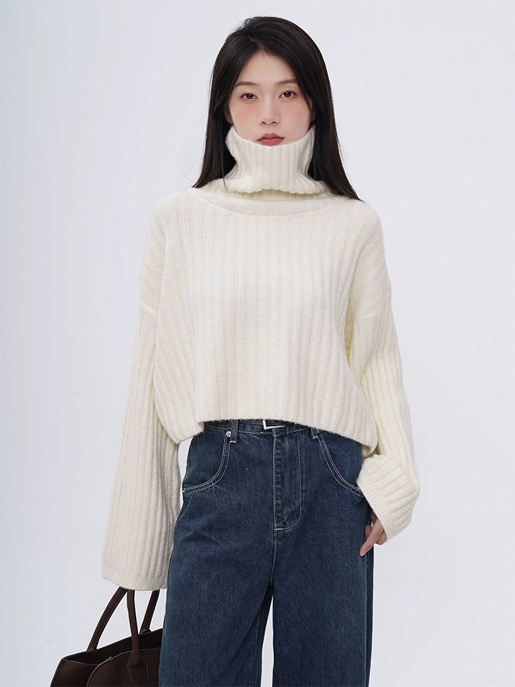 Drop Shoulder Turtleneck Ribbed Knit Top