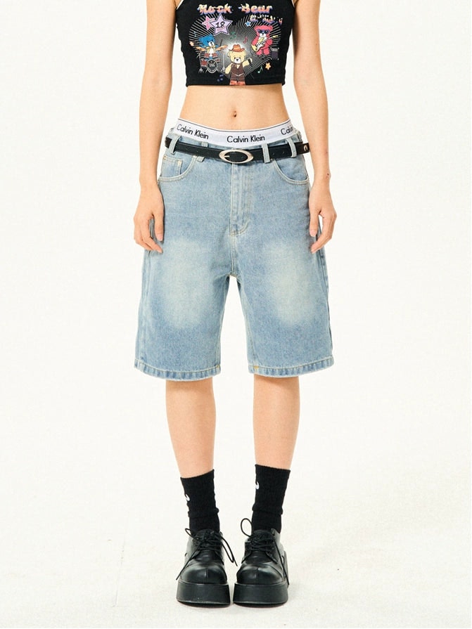 Straight Low-Waisted Faded Denim Bermuda Shorts