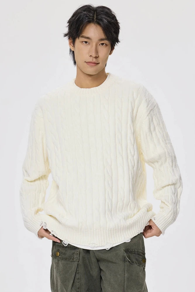 Distressed Hem Cable Knit Crewneck Sweater