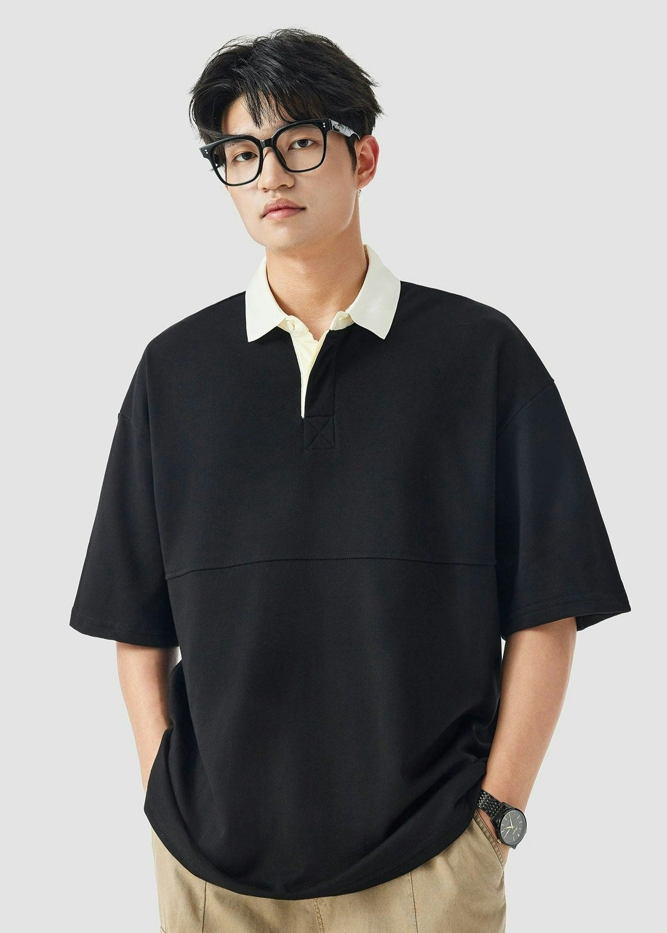 Contrast Collar Oversized Polo Shirt