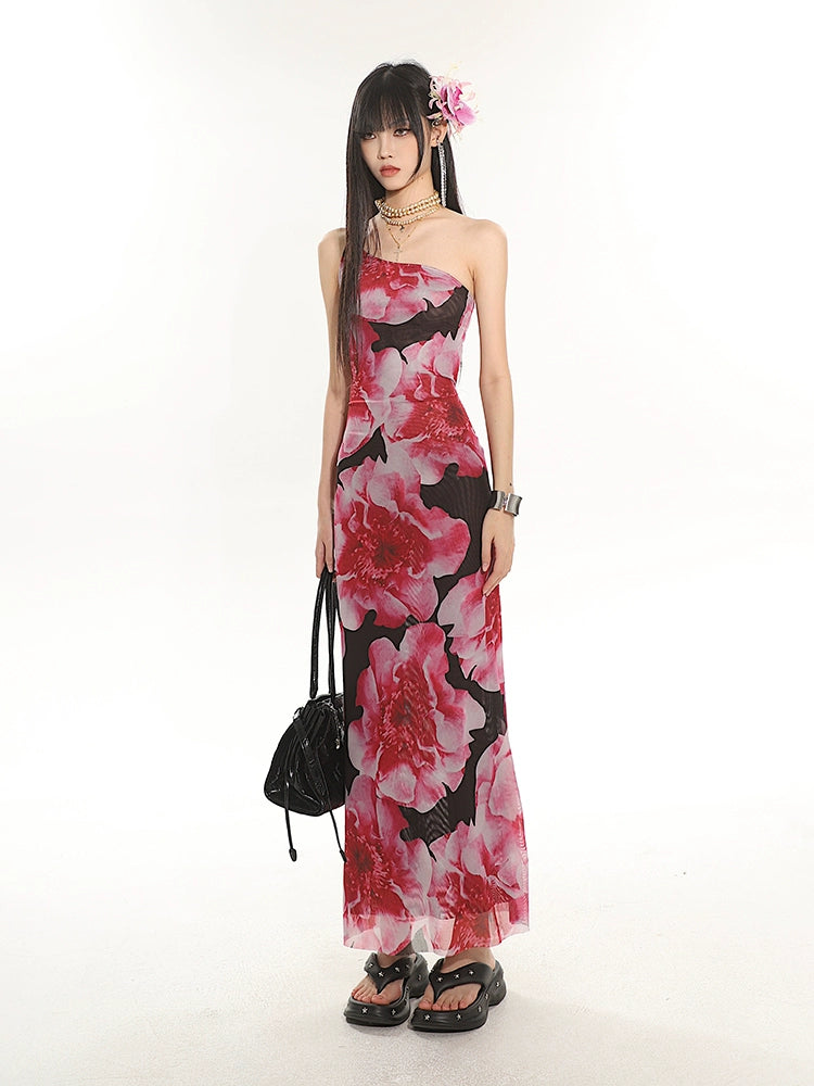 One Shoulder Floral Maxi Dress with Back Cut-Out Detail