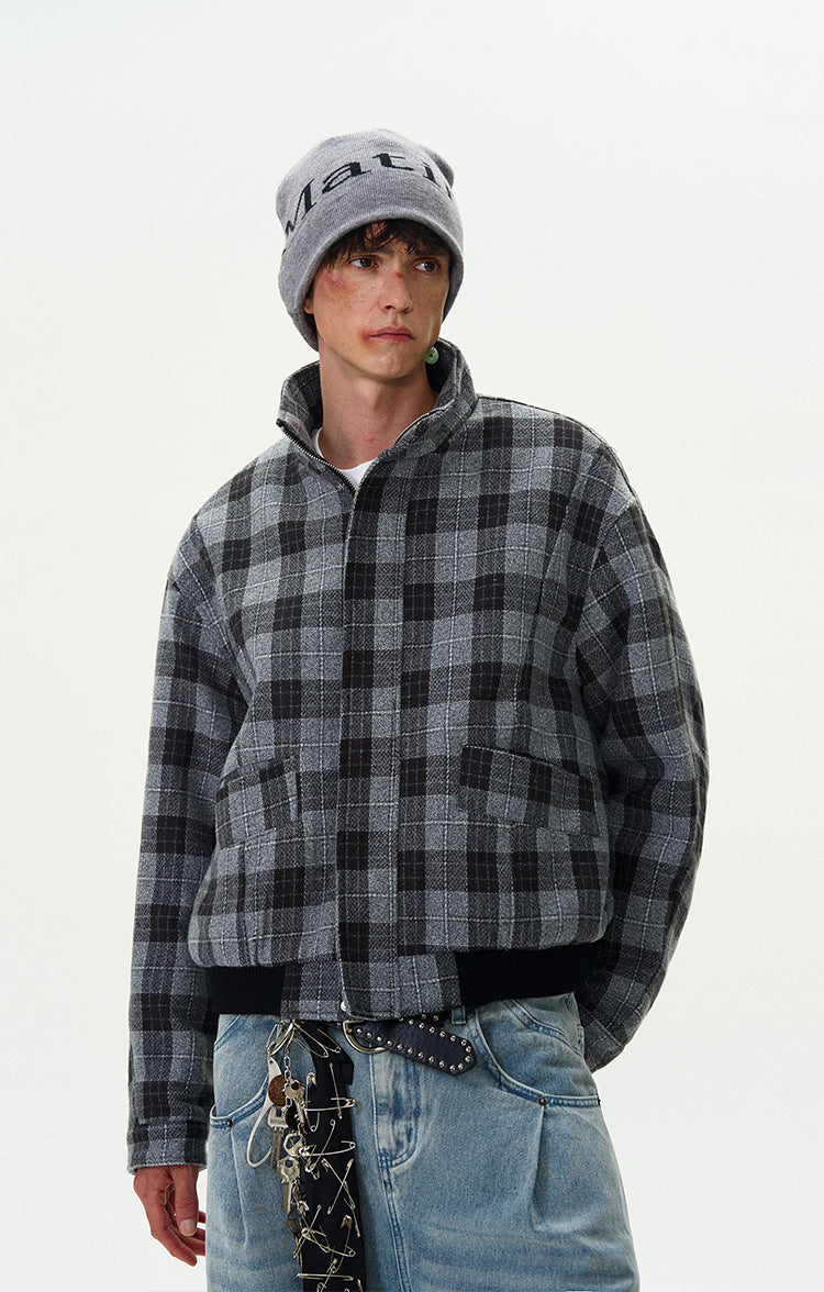 Plaid Bomber Jacket with Stand Collar