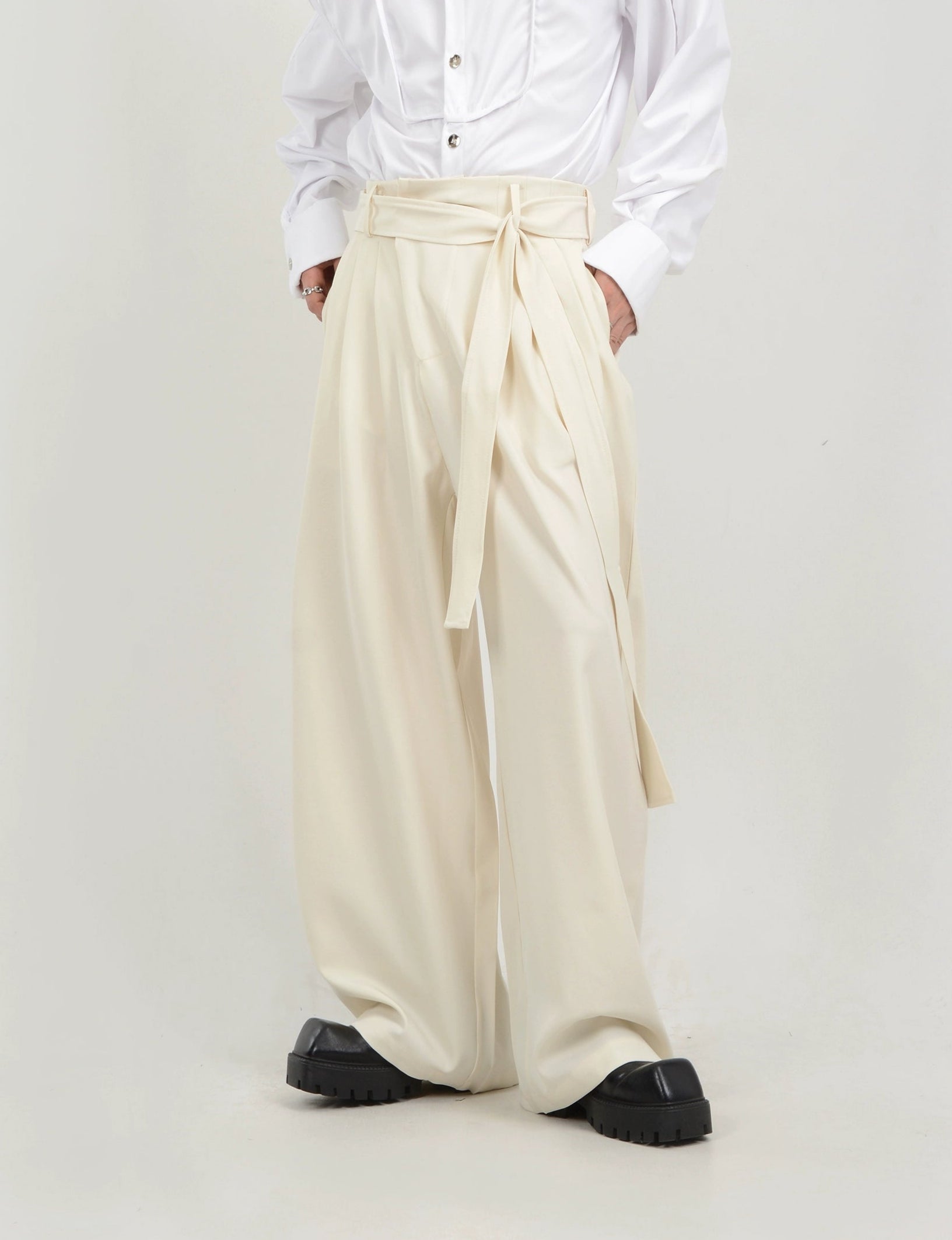 Wide Leg Belted Trousers with Pleat Detail