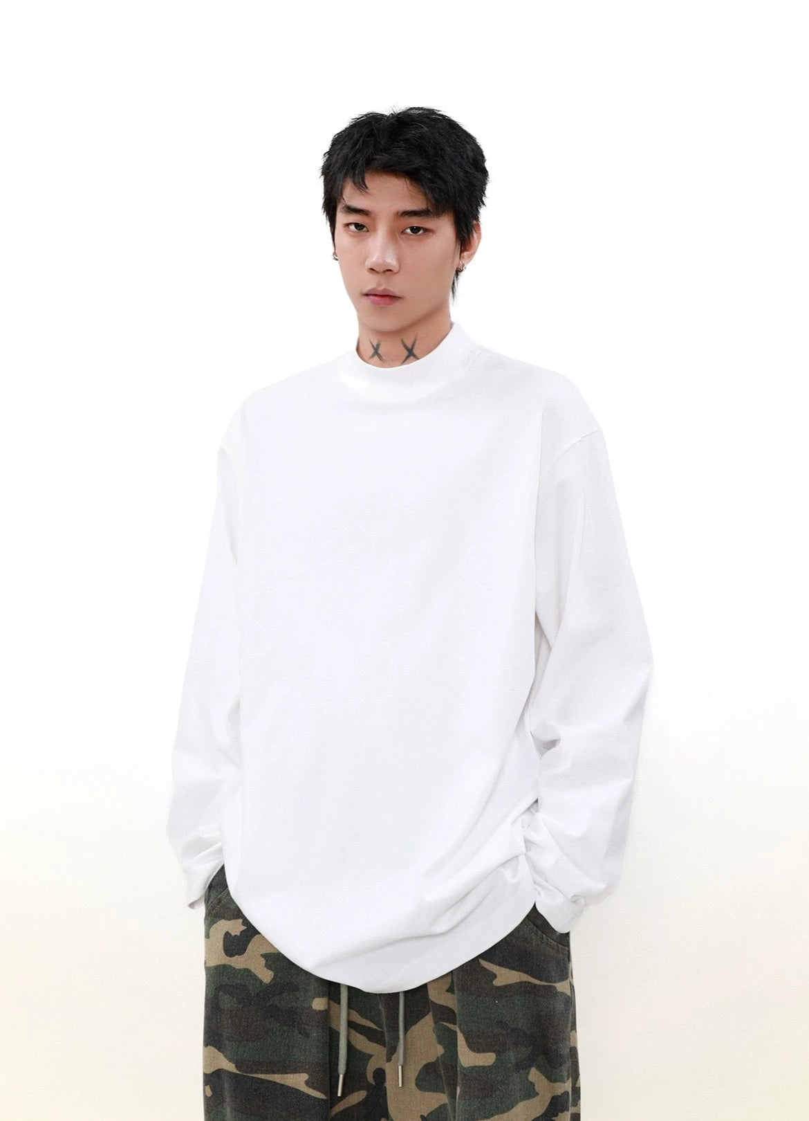 Drop Shoulder Mock Neck Long Sleeve T-Shirt