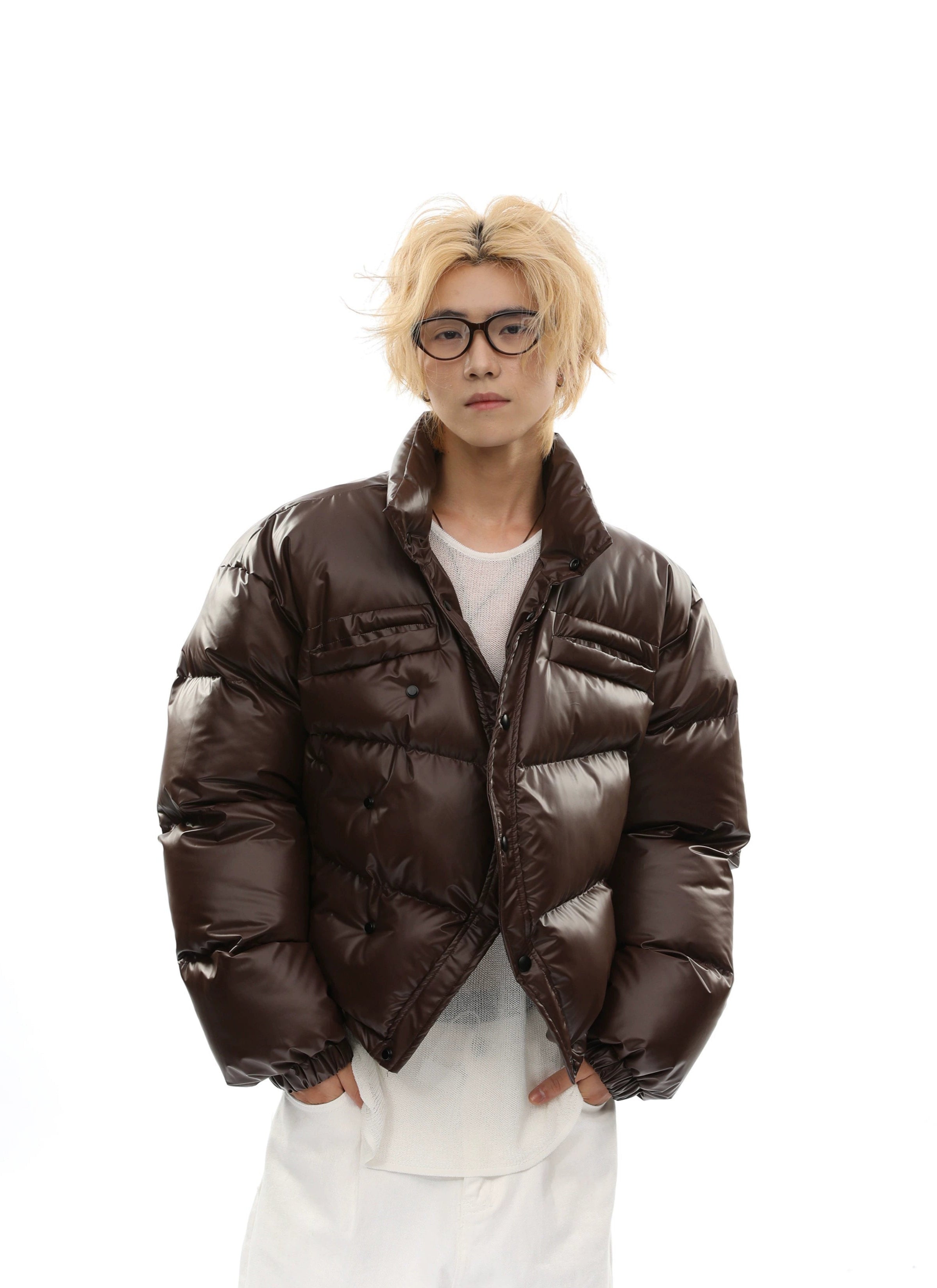 Curve-Hem Faux Leather Puffer Jacket