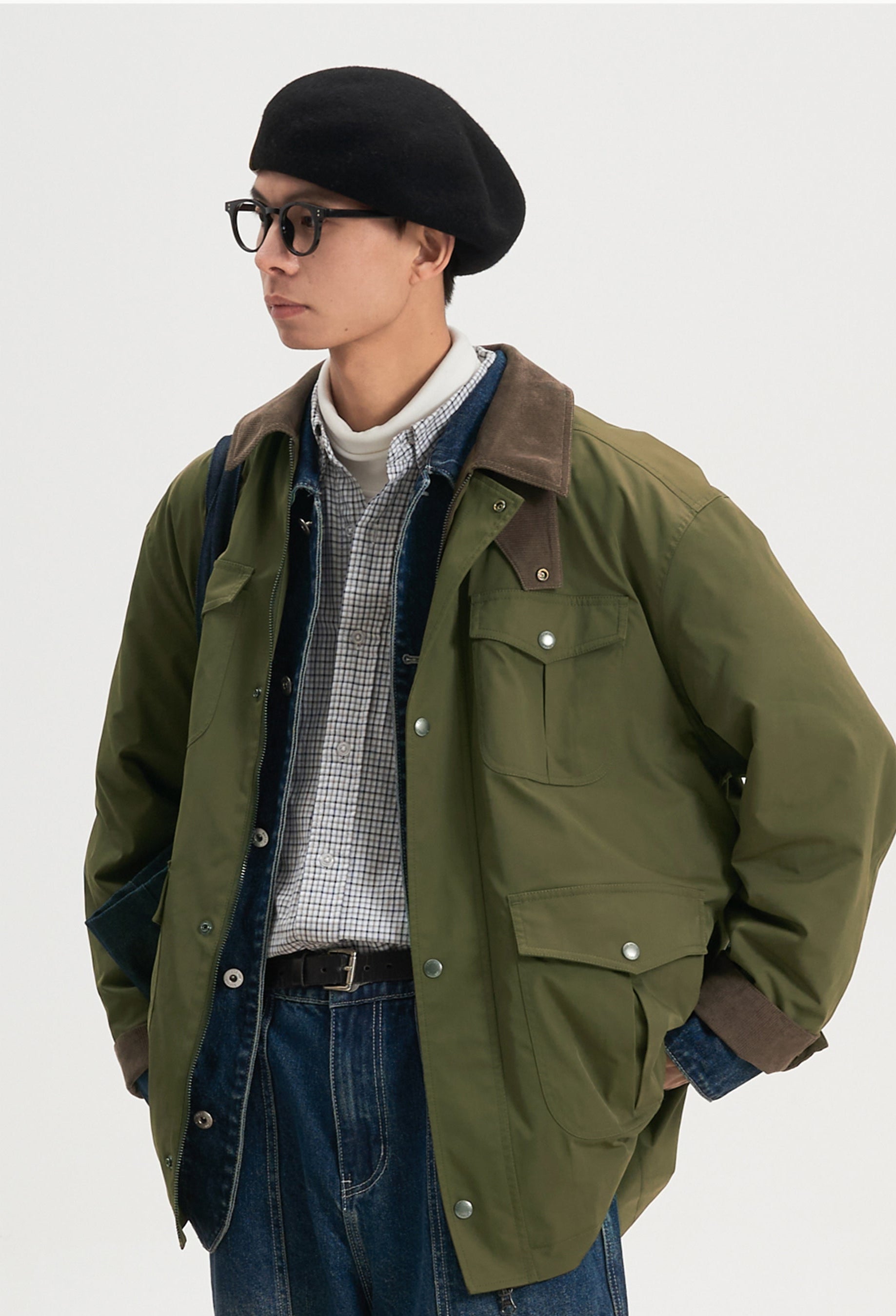 Multi Snap Pocket Contrast Corduroy Collar and Cuff Zip Jacket