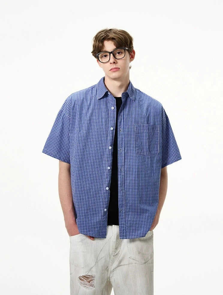 Short Sleeve Gingham Check Button-Up Shirt