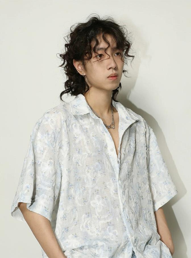 Textured Floral Print Oversized Short Sleeve Shirt