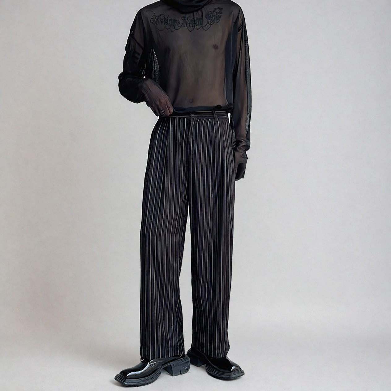 Pleated Wide Leg Trousers with Vertical Stripes