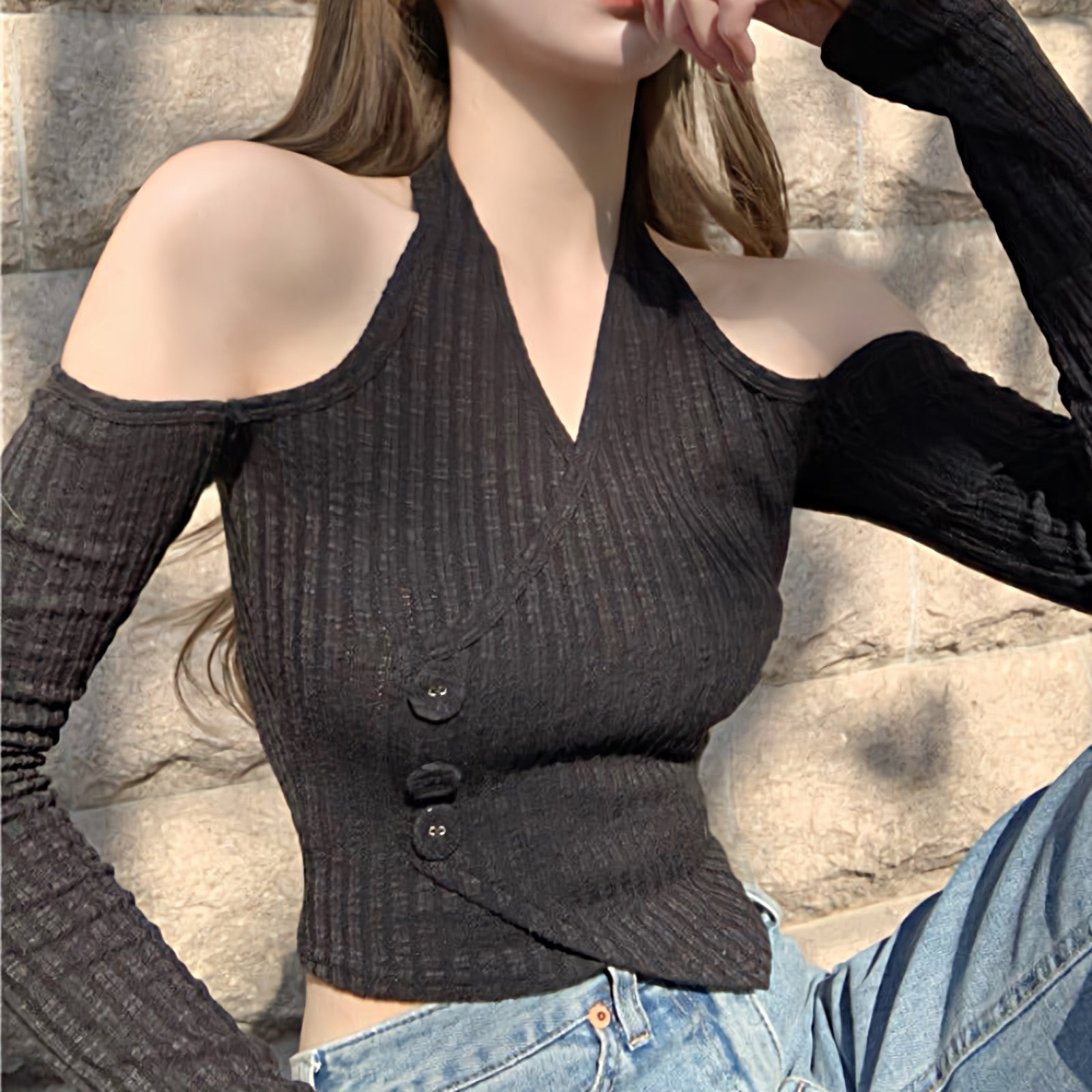 Mock Layer Cold Shoulder Knit Crop Top - nightcity clothing