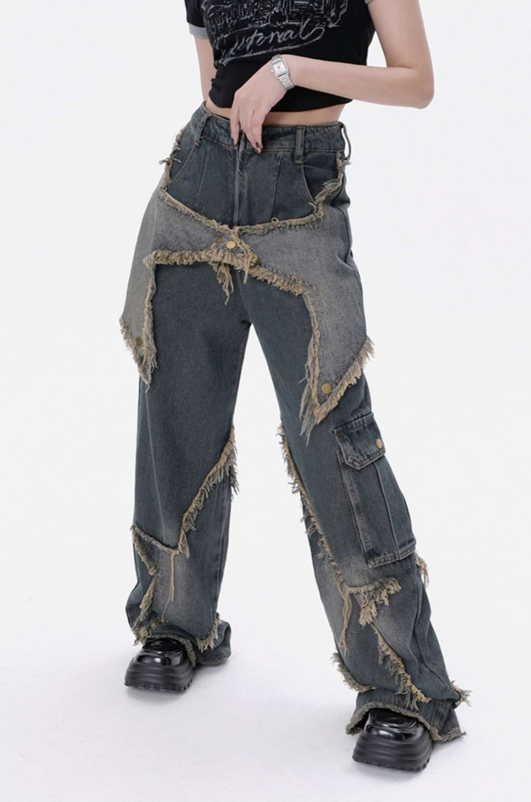 Distressed Star Patchwork Wide Leg Jeans