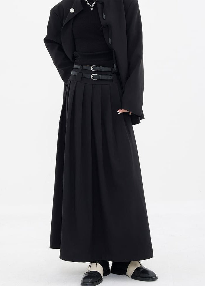 Pleated Double-Belt Midi Skirt - nightcity clothing