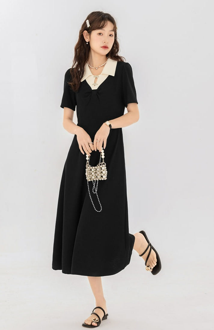 Contrast Collar Puff Shoulder Midi Dress