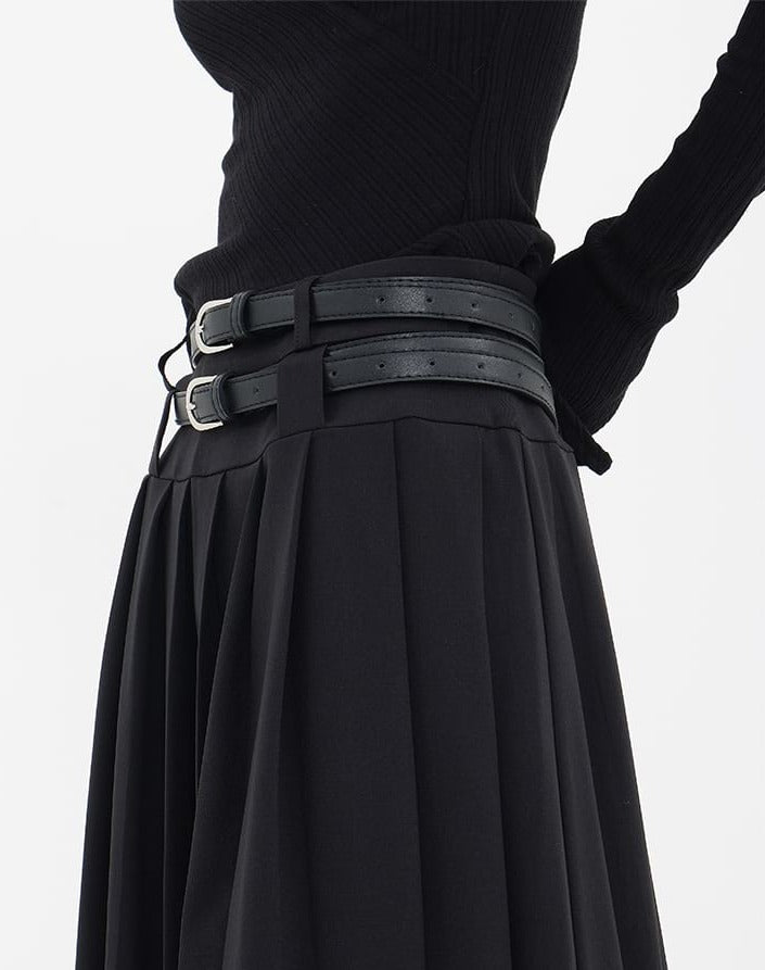 Pleated Double-Belt Midi Skirt - nightcity clothing