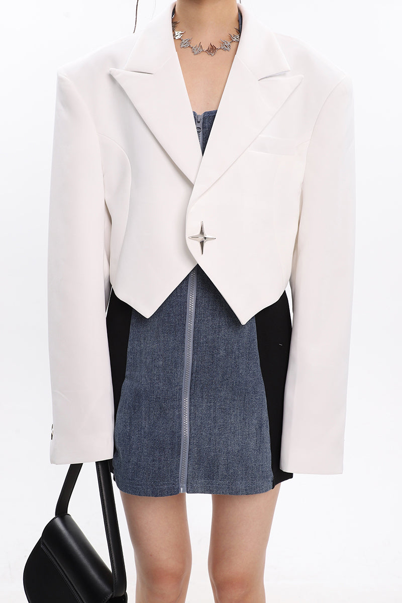 Boxy Cropped Blazer with Star Button - nightcity clothing