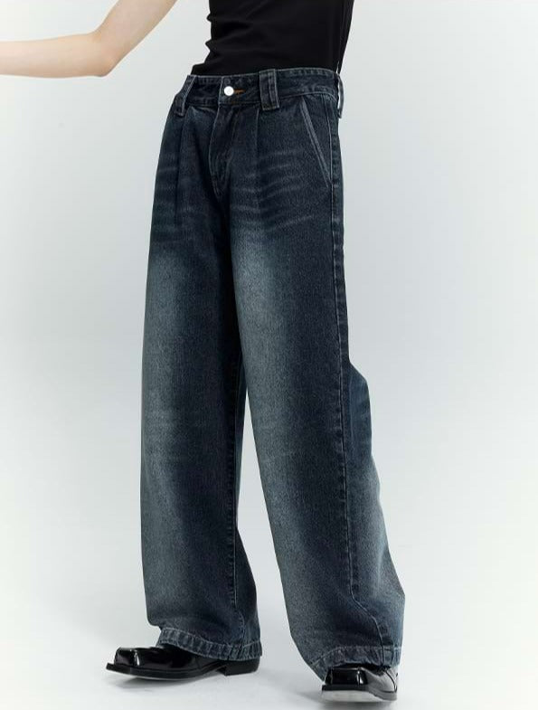 Mid-Waist Wide Leg Faded Jeans