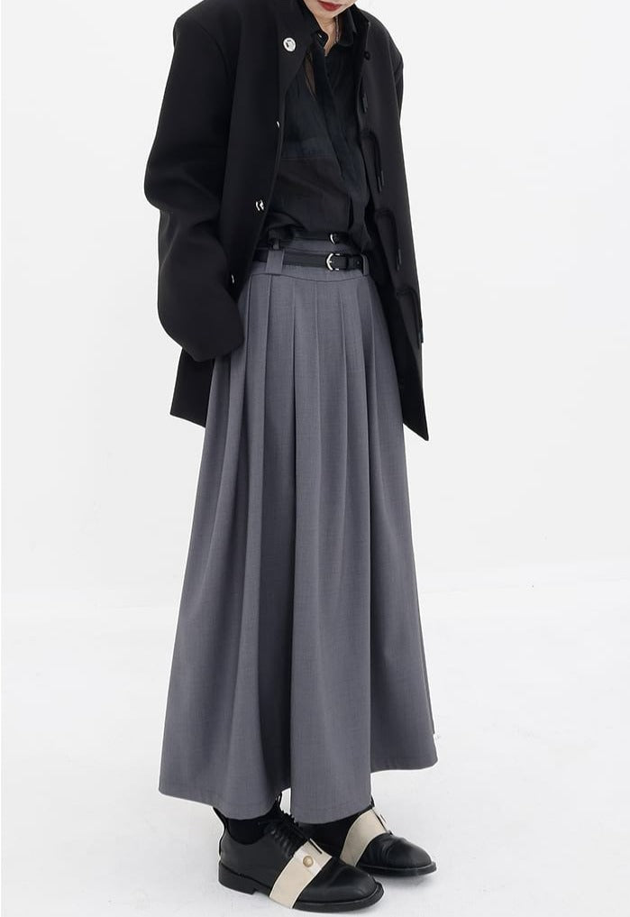 Pleated Double-Belt Midi Skirt - nightcity clothing