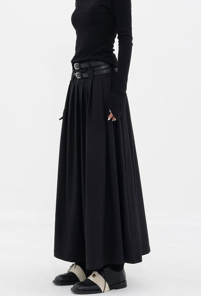 Pleated Double-Belt Midi Skirt - nightcity clothing