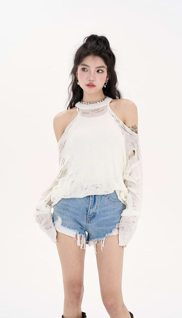 Distressed Translucent Cold Shoulder Long Top