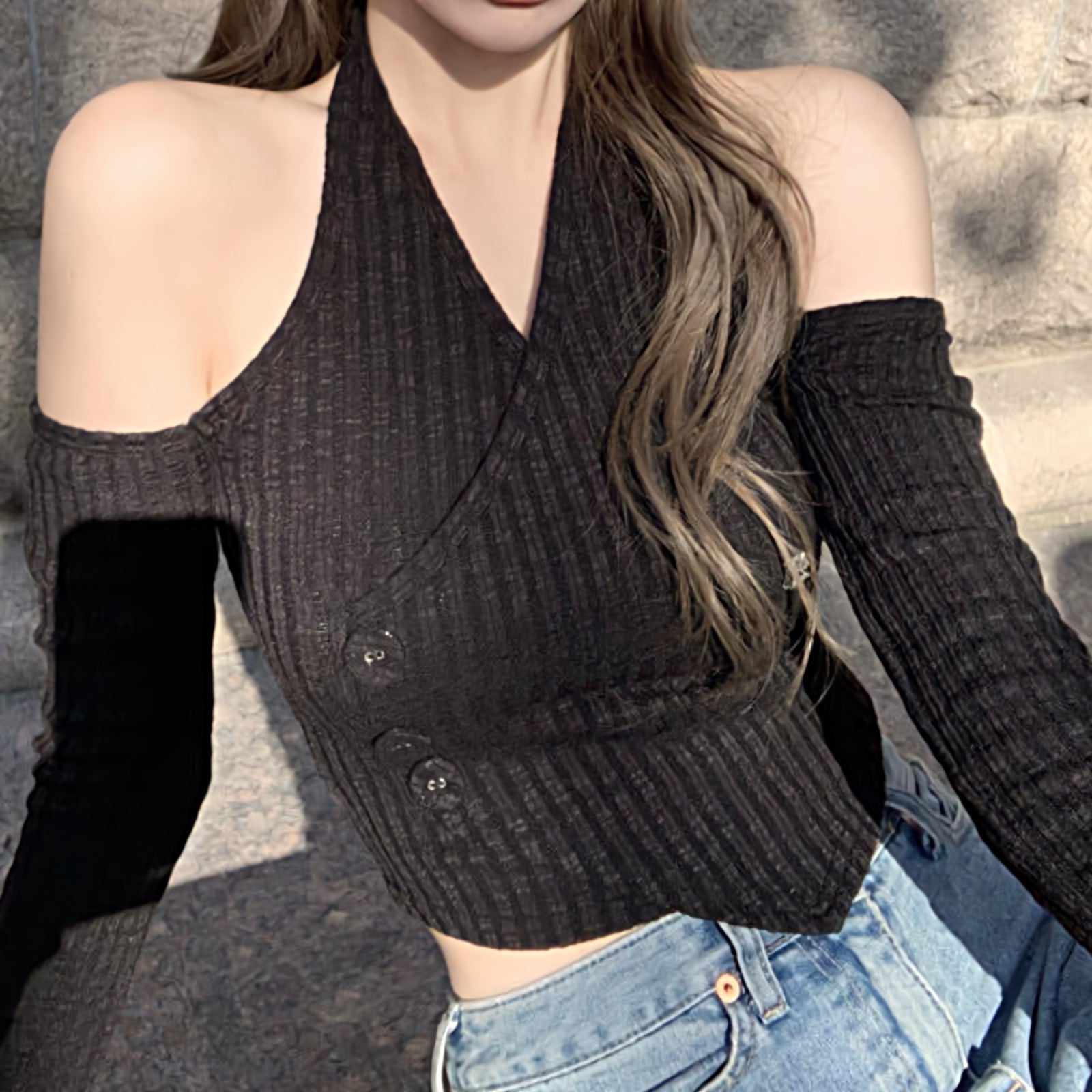 Mock Layer Cold Shoulder Knit Crop Top - nightcity clothing