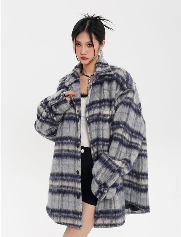 Plaid Fuzzy Oversized Button Shirt