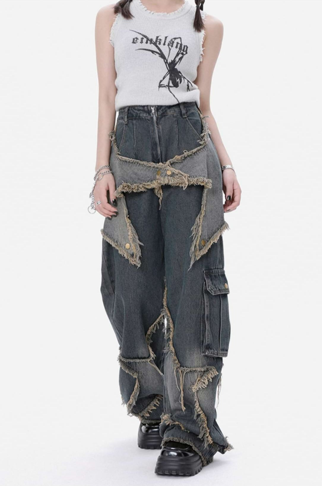 Distressed Star Patchwork Wide Leg Jeans