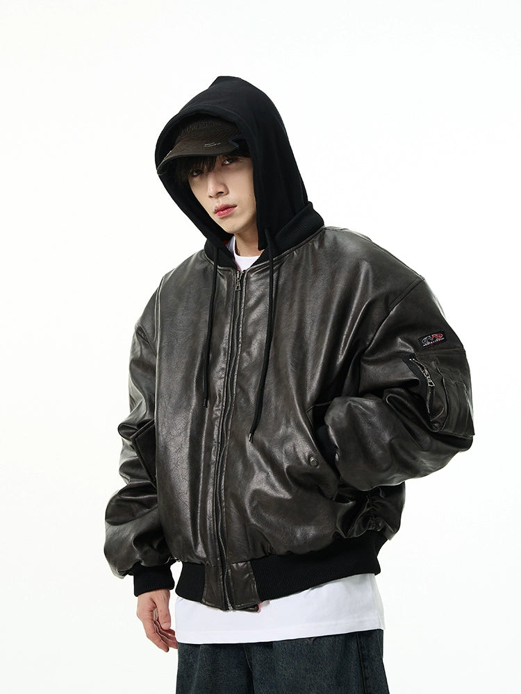 Oversized Faux Leather Bomber Jacket with Hood