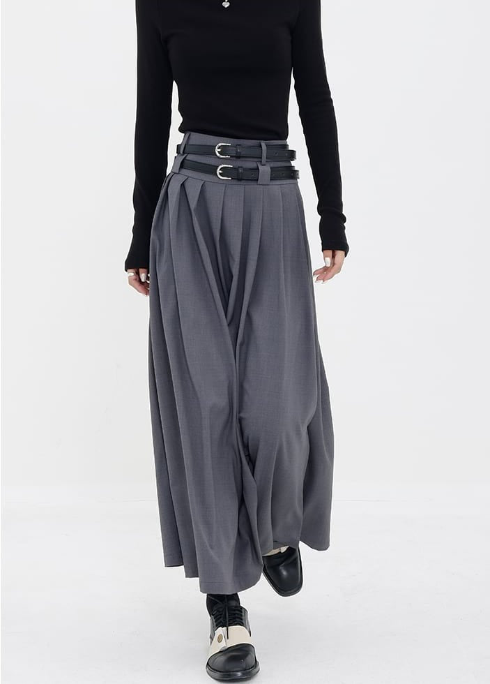 Pleated Double-Belt Midi Skirt - nightcity clothing