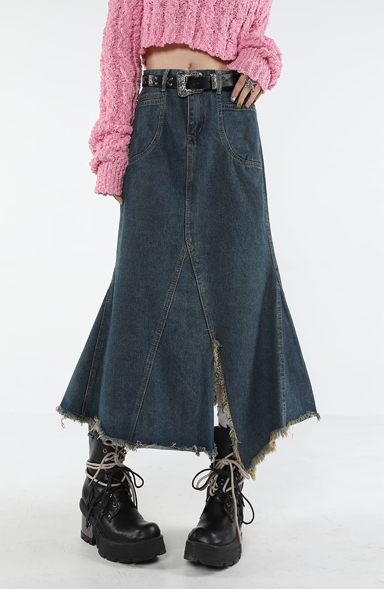 Distressed Hem Fishtail Denim Midi Skirt