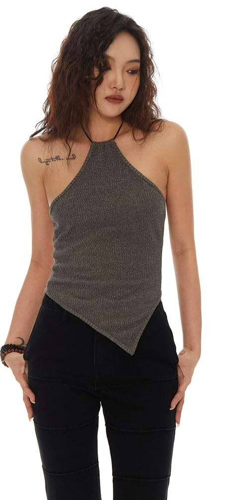 Back Tie Asymmetric Halter Neck Top