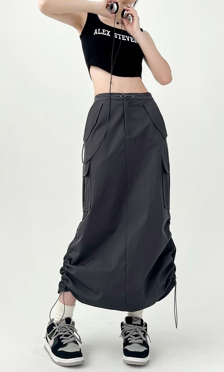 Side Ruched Parachute Cargo Midi Skirt