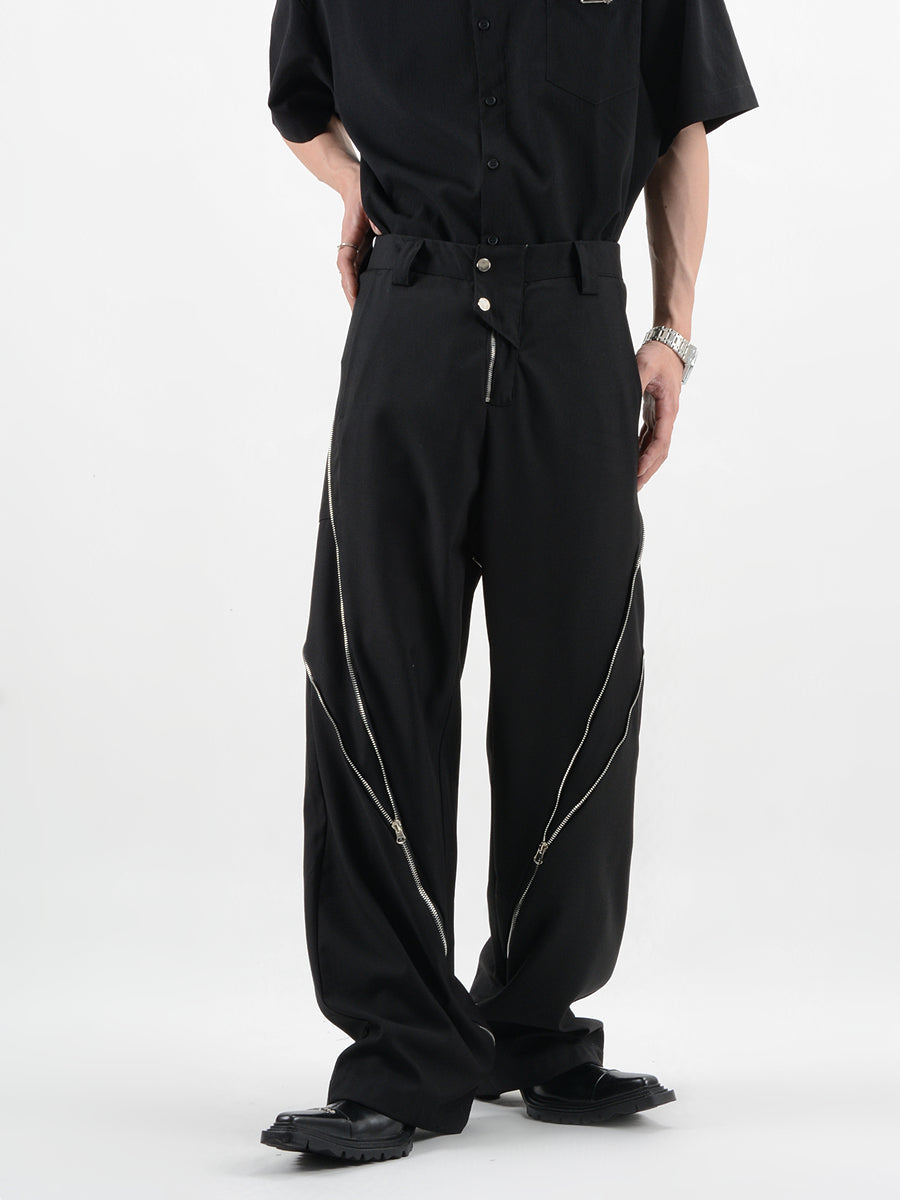 Straight Fit Diagonal Zip Up Pants - nightcity clothing