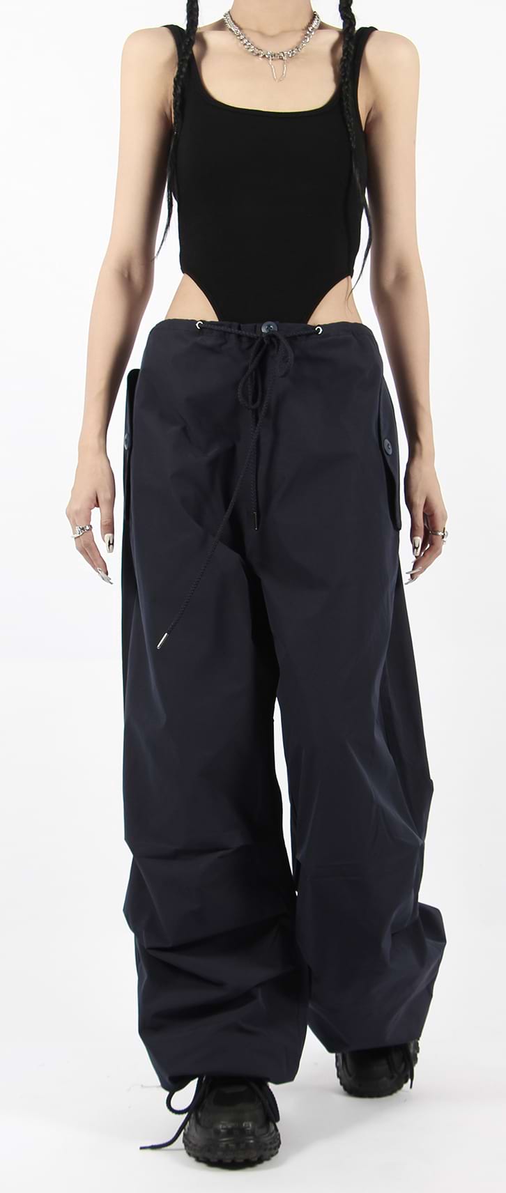 Button Pocket Oversized Parachute Pants